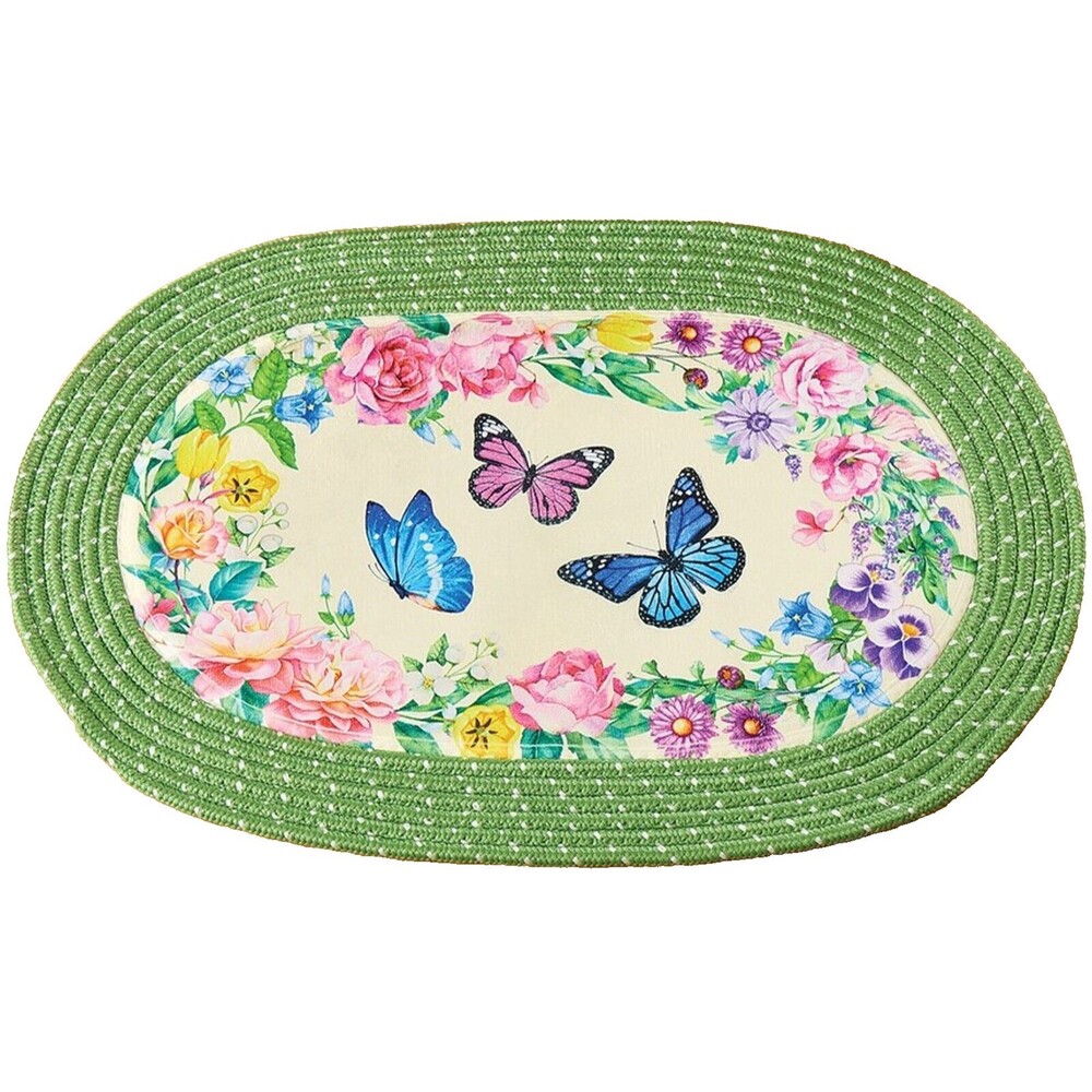 Oval Braided Rug(20"x30") COLORFUL FLOWERS & BUTTERFLIES,FLORAL WREATH, green,CE